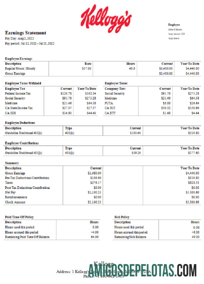 Recibo de pagamento da empresa de processamento de alimentos Kellog dos EUA exemplo real